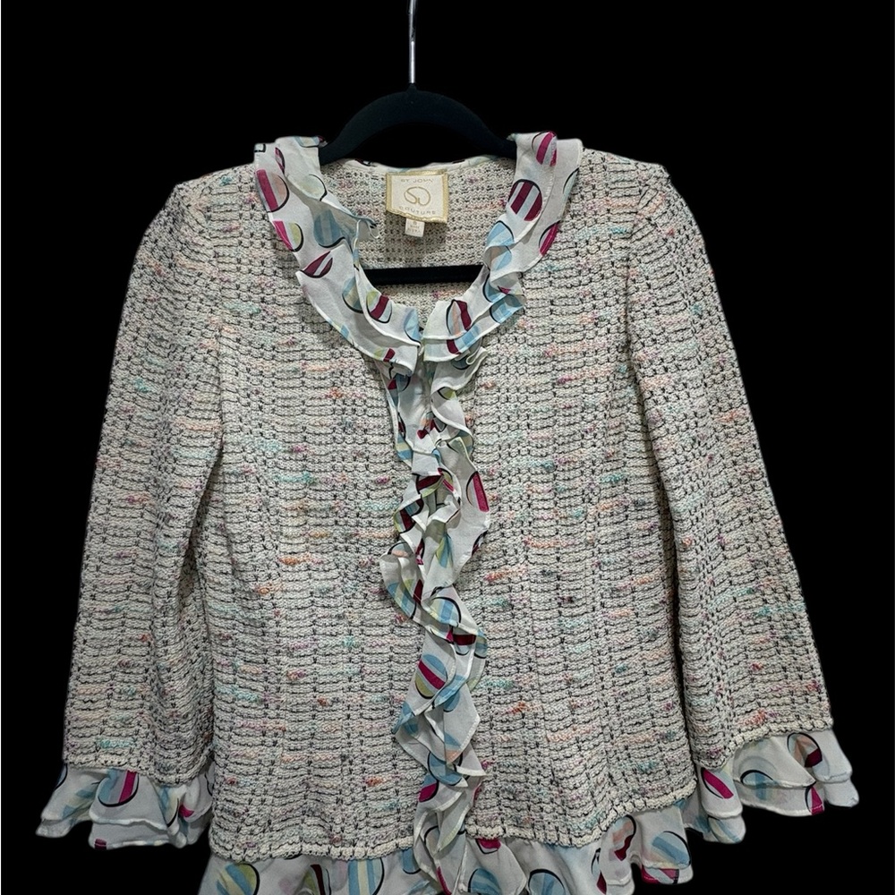 ST.Jhon couture Women's Cream Tweed Jacket with Ruffle Trim